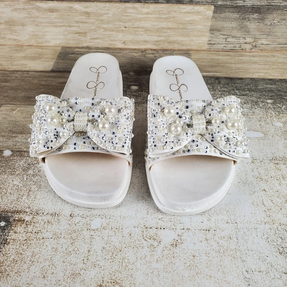 Jessica Simpson Rexinne Womens Slide Sandals Sz 9 M White Rhinestone Slip On
